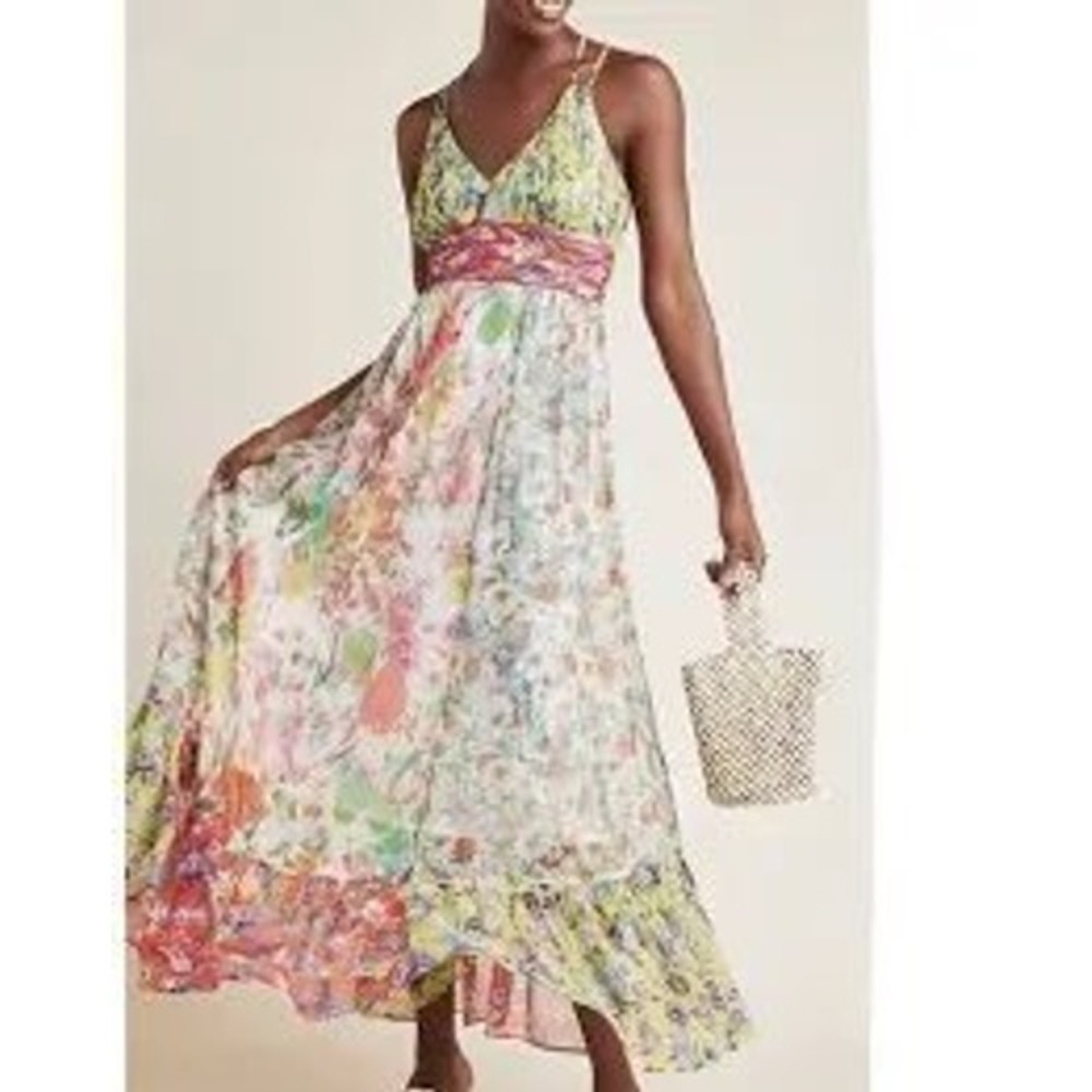 ANTHROPOLOGIE Multicolor Floral Boho Flowy Romantic Wedding Party Maxi Dress 10P